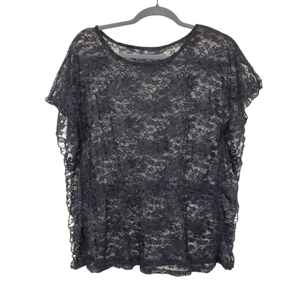 AB Studio Lace Blouse Womens Size S Black Boxy Scoop Neck Elastic Waist